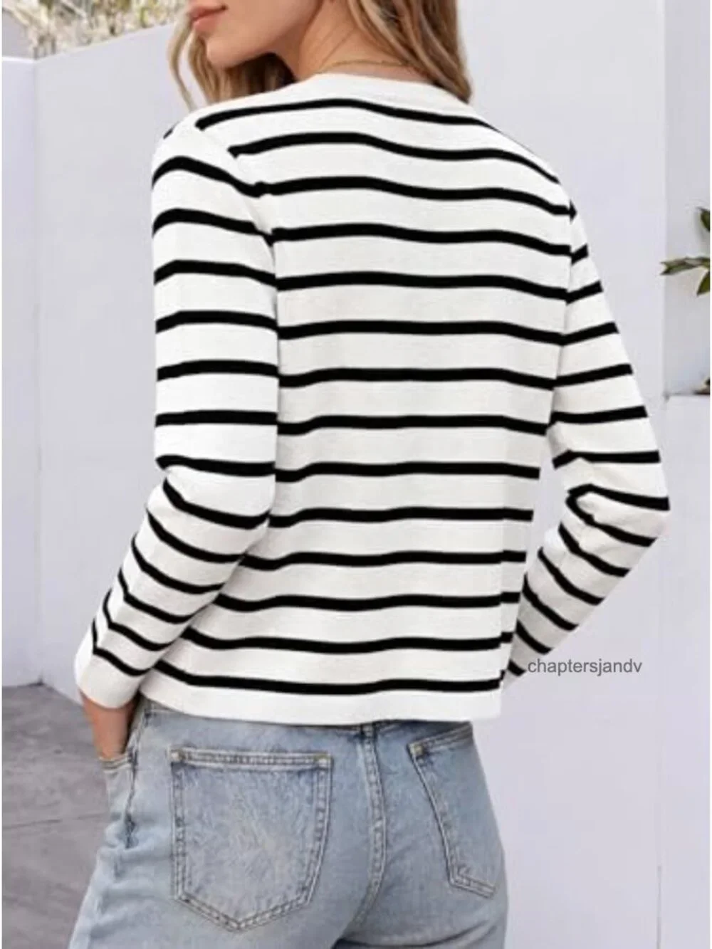 Women's Button Down Cropped Striped Cardigan Sweater Long Sleeve